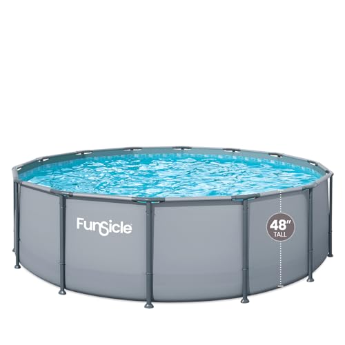 Funsicle Oasis Above Ground Metal Frame Swimming Pool Set – with FB1800S AutoSkimmer Pump, Ladder, Cover, Cloth & Deluxe Maint. Kit, 16' x 48", Round, Gray
