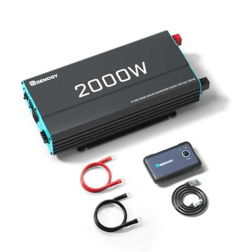Renogy Inverter P2 2000W Pure Sine Wave Inverter 12V DC to 110V AC Converter, Off-Grid Solar Power Inverters for Vehicles, Truck, RV, Home, with Built-in 5V/2.1A USB/Hardwire Port, Remote Controller