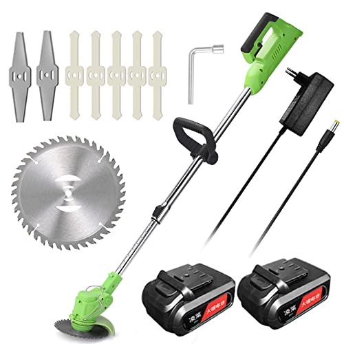 RWGOVLU Electric Cordless Weed Weed Eater with 2 Batteries and 3 Types Blades, Push Grass Trimmer Edger Lawn Tool, Adjustable Weed Trimmer Edger Lawn Mower for Lawn Yard Garden