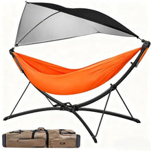 Portable Outdoor Hammock with Sturdy Folding Stand, Adjustable Canopy Shade, and Carry Bag for Backyard, Camping, Beach, or Garden Use (Black + Aluminium Alloy + Nylon + Steel)