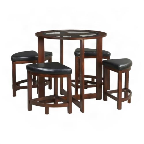 Furnifact Wood and Glass Top Round Counter Height Dining Table with 4 Faux Leather Stools, High Top Pub Table Set for 4, Brown