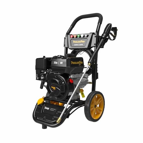 Poulan Pro Gas Pressure Washer, 3100 PSI & 2.5 GPM, 212cc Power High Pressure Washer with 30ft Hose and 10-inch Wheels, 21" Spray Lance, 5 Nozzles for Cars Driveways Patios Fences Daily Cleaning