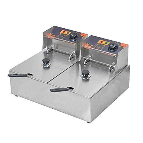 ERoomQ Commercial Fryer, Stainless Steel Fryer with Adjustable Temperature and Temperature Control, Removable Basket and Stainless Steel Lid, for Home and Commercial Use, Easy to r,Double Cylinder