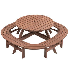 AMZXPLORE Round Picnic Table, 10-12 Person Wooden Outdoor Picnic Table with Built-in Ring Bench and 1.97" Umbrella Hole for Patio Backyard Garden, Brown