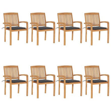 KBHRENP Solid Teak Wood Stacking Garden Chairs Set of 8 with Anthracite Cushions, Rustic Elegance Outdoor Dining Furniture for Patio and Garden, Durable Stackable Seating