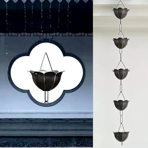 YUSIWOAL Copper Rain Chain for Gutters, Petals Rain Catcher Diverter, Adjustable Outdoor Downspout Alternative(Style1,300cm (10ft))