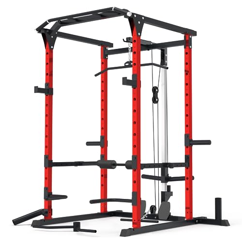 Mappding Power Cage with LAT Pulldown, Multi-Functional Squat Rack Red