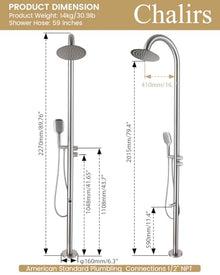 CHALIRS 316 Marine Grade Stainless Steel Free Standing Outdoor Shower with Foot Wash, 3-Function Nickel Shower Kit with 10''Rain Shower Head,Outdoor Shower Fixture for Backyard Beach Poolside