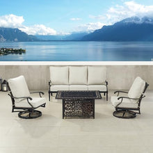 Black Aluminum Patio Fire Table Set with Deep Seating Sofa with Cushion and Two Club Chairs with Light Grey Cushions