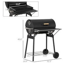 Charcoal Barrel Grill with Wheels, 30 Inch Outdoor BBQ Smoker with Adjustable Air Vents, Side Shelf, and Storage Rack