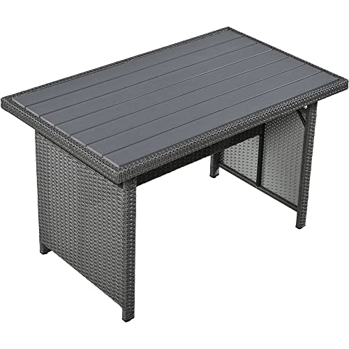 Merax 5-Piece Outdoor Patio Furniture Set, All Weather Sectional PE Rattan Sofa with Dining Table and Bench, Grey