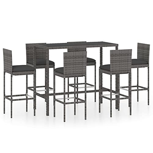 vidaXL 7 Piece Patio Bar Set with Cushions Poly Rattan Gray
