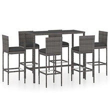 VGLQNRPT 7 Piece Patio Bar Set with Cushions, Outdoor Poly Rattan Counter Table and 6 Stools, Gray