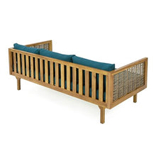 Merax 67.5" Outdoor Patio Daybed 3 Seater Sofa Bed,Acacia Wood Frame with Rattan Arm,Cushion & Pillow for Courtyard
