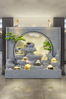 Zen Garden Landscape Waterfall Gray Rockery Fountain with LED Lights and Artificial Greenery – Tranquil Indoor/Outdoor Decorative Water Feature, Housewarming Gift(A)