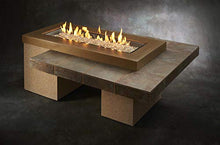Outdoor GreatRoom Co Propane Fire Pit Table - Uptown Gas Fire Pits for Outside Patio 80,000 BTU - Concrete Firepit Fire Table with Tile & Glass Tabletop Cover, Clear Gems, Stucco Base - Brown