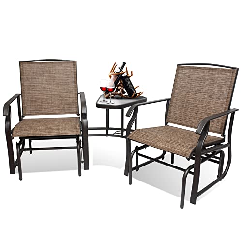 2-Person Patio Glider Chair, Outdoor Rocking Loveseat with Textilene, Outdoor Glider Bench with 2 Seats, Rocking Chair Swing and 1 Center Table with Umbrella Hole for Poolside, Porch, Backyard, White