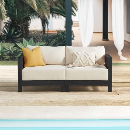 Alaterre Furniture Barton Outdoor Patio Loveseat - Weather-Resistant Eucalyptus Wood Outdoor Loveseat with Thick Cream Cushions - 2 Seater Patio Sofa for Garden, Porch, Deck, or Poolside (Black)