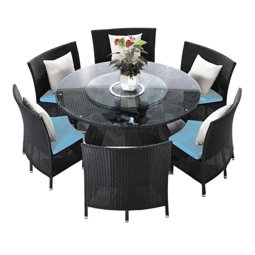 Manhattan Comfort Nightingdale 7 Piece Outdoor Dining Set with Round Glass Lazy Susan | Includes 6 Rattan Chairs, Water-Repellent Cushions and Toss Pillows, Patio Furniture, Black/Sky Blue/White