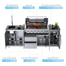 96-Inch Outdoor Kitchen Island Grill, 6-Burner 85,000 BTU Stainless Steel BBQ with Refrigerator, Sink, Rotisserie Kit, Granite Countertops & Storage Cabinets (Silver)