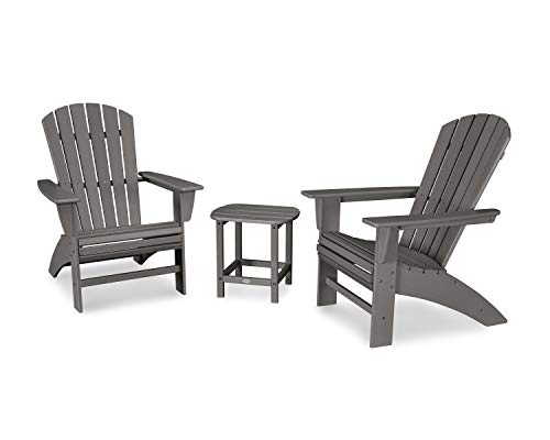 Polywood Nautical 3-Piece Curveback Adirondack Chair Set with Side Table Slate Grey