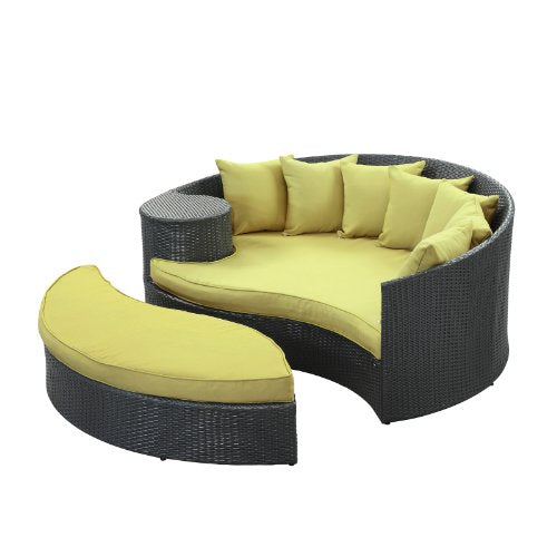 Modway Taiji Outdoor Wicker Patio Daybed with Ottoman in Espresso with Peridot Cushions