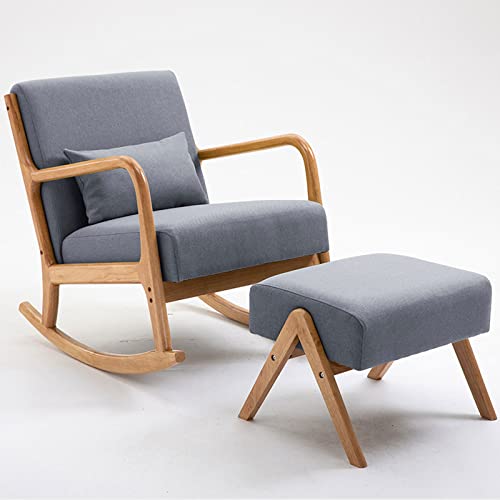 Yyuoqafn Solid Wood Rocking Chair Natural and Linen Fabric Thick Cushion Built-in high Resilience Sponge +Double Spring Soft Bag Simple and Modern Design Comfortable Lounge Rocking Chair (Grey)