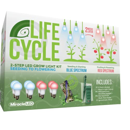 Miracle LED Plant Life Cycle 4-Socket Synchronized Grow Light Kit with 4 Blue Spectrum Absolute Daylight + Bulbs and 4 Red Spectrum Multi-Plant Bulbs with Sproutmatic Timer Controls (4 Pack)