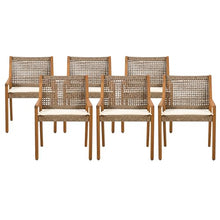 Merax MP2 6-Pack Outdoor Dining Chairs, Acacia Wood & Wicker with Cream Cushion, Teak Finish Brown Patio Dining Chairs for Large Gatherings