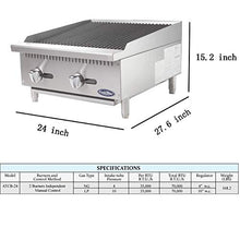 Atosa CookRite ATCB-24 24" Heavy Duty Gas Countertop Charbroiler Radiant Char-Grill with Lava Briquettes for Hotel Diner Food | Stainless Steel, 2 Burners, 70,000 BTU (Includes: LP Conversion Kit)