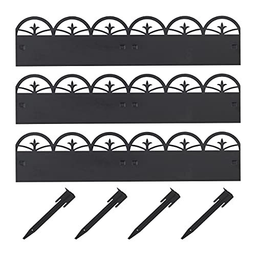 Relaxdays metal lawn edging, decorative garden borders, 3 fence elements, with ground spikes, 274.5x7.5 cm (LxH), black