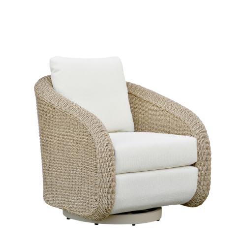 Armen Living Pavilion Outdoor 360-Swivel Club Chair in Natural Rope with White Boucle Cushions