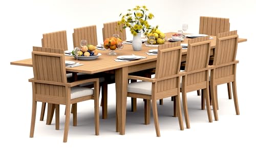 TeakStation 8 Seater Grade-A Teak Wood 9 Pc Dining Set: 122" Atnas Double Extension Rectangle Table and 8 Goa Stackng Arm Chairs #31GO2808