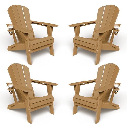 Kingdura Foldable Adirondack Chair, Portable HDPE All Weather Resistant Outdoor Patio Chairs, Wooden Textured with Cup Holder, 380LBS Capacity for Poolside, Backyard, Deck, Fire Pit (Brown)