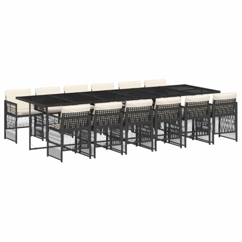XHNIFBN 13 Piece Garden Dining Set with 129.9 Inch Table and 12 Chairs, Black Poly Rattan Wicker Outdoor Furniture Set with Cream White Cushions for Patio, Backyard, and Deck