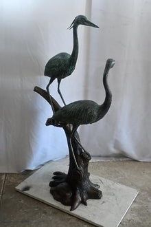 Nifao Heron Bird Pair on Driftwood Medium Bronze Statue, 25"L x 20"W x 52"H