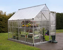 Palram Canopia 6x8 Greenhouse Walk-In UV Polycarbonate Heavy Duty Aluminum Lockable Door Adjustable Roof Vent Silver with Plant Hangers