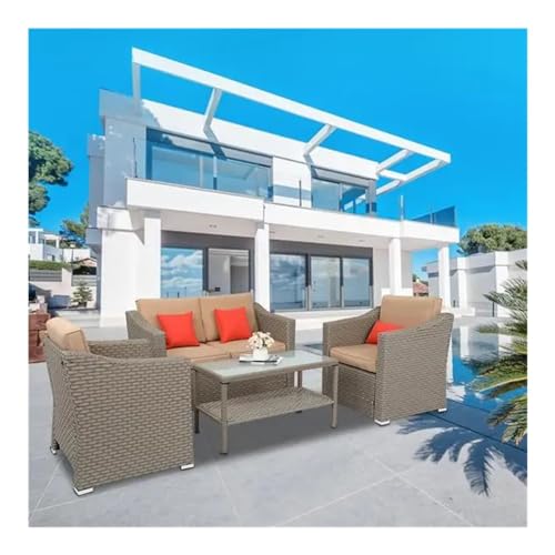 HTERWQEA 4‑Piece Wicker Patio Furniture Set, All-Weather Rattan Sofa with Coffee Table, Outdoor Conversation Set for Garden, Porch, Backyard