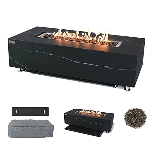 Varna Marble Fire Pit 59.8" x 28" Outdoor Patio Firepit Includes Fire Glass Modern Fire Pits & Outdoor Fireplaces for Garden, Deck, Indoor & Outdoor Heating
