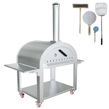 IDEALHOUSE 32" Outdoor Pizza Oven, 2-Layer Pellet Pizza Oven Movable Pizza Maker for Backyard, Patio & Outdoor Kitchen, Stainless Steel Kiln-Style Vertical Charcoal Pizza Oven Silver,4 Wheel