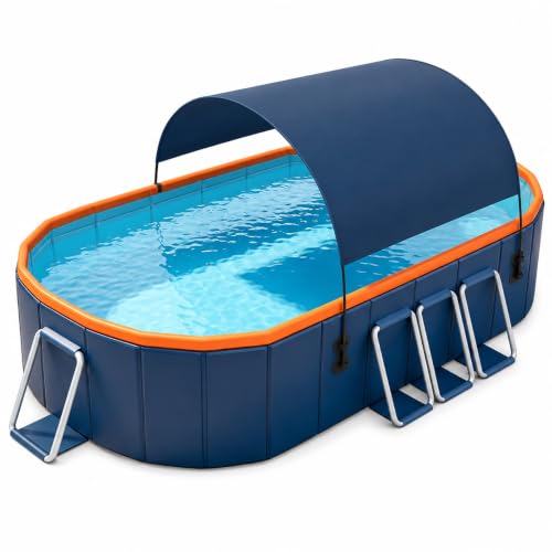 Large Above Ground Pool with Canopy, Rectangular Swimming Pool for Family