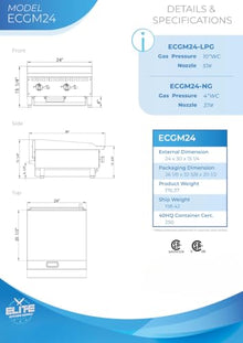 Commercial Countertop Griddle, ETL 24" Flat Top Grill Natural Gas (NG) / Propane, 2 Burners - 60000BTU