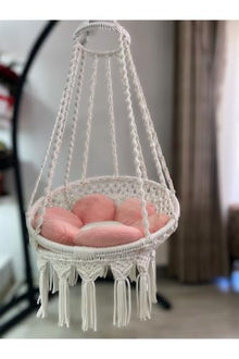 Macrame Swing Chair White Cotton Rope 31.5 x 23.6 inches Seat 63 inches Height Modern Indoor Outdoor Hanging Seat for Adults Single Person Use - White