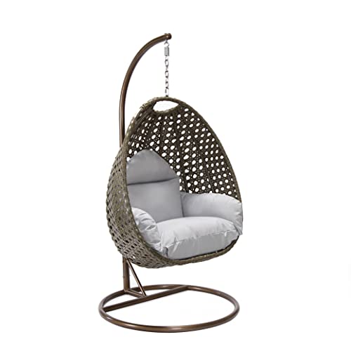 LeisureMod Wicker Rattan Hanging Egg Swing Chair with Stand & Cushion - Light Grey Swing Chair for Indoor/Outdoor, Patio, Bedroom, Lounge Seat