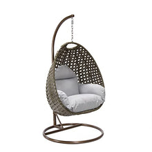 LeisureMod Wicker Rattan Hanging Egg Swing Chair with Stand & Cushion - Light Grey Swing Chair for Indoor/Outdoor, Patio, Bedroom, Lounge Seat