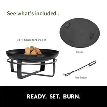 Ignition 24" Cooking Fire Pit with Powder Coated Black Cover Lid and Wood Burning Fireplace for Backyard Bonfire Campfire for Outside, Medium Outdoor Steel Firepit by Good Directions