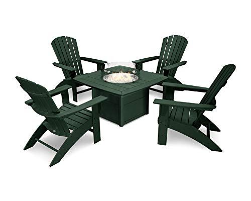 POLYWOOD Nautical 5-Piece Curveback Adirondack Chair Conversation Set with Fire Pit Table