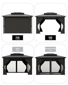 GAOMON Hardtop Gazebo 12'x14' Aluminum Frame with Double Metal Roof, Net & Curtain Gray