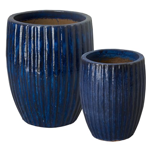 Emissary Home and Garden 21in. L x 25in. H Blue Stoneware Round Planters with High-fire Treatment (Set of 2)