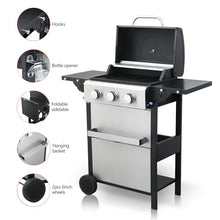 3-Burner Propane Gas BBQ Grill,With Wire Enamel Cooking Grids/Foldable Side Table, For Outdoor Barbecue